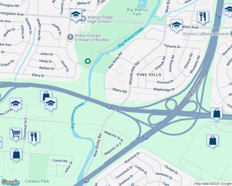 map of restaurants, bars, coffee shops, grocery stores, and more near 2054 Pine Needle Court in Columbus