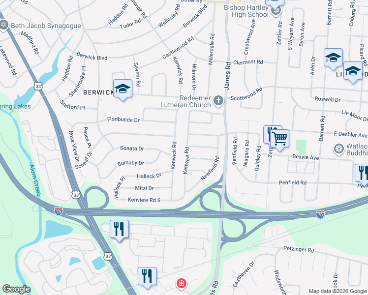 map of restaurants, bars, coffee shops, grocery stores, and more near 1686 Kenview Road in Columbus