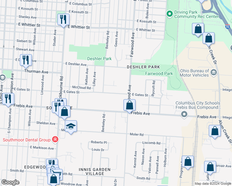 map of restaurants, bars, coffee shops, grocery stores, and more near 1459 East Gates Street in Columbus
