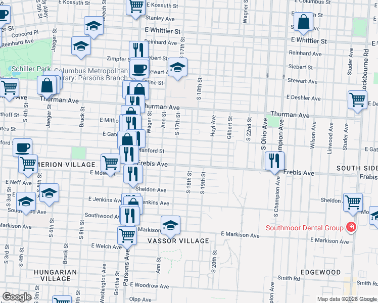 map of restaurants, bars, coffee shops, grocery stores, and more near 629 Hanford Street in Columbus