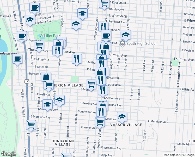 map of restaurants, bars, coffee shops, grocery stores, and more near 429 Hanford Street in Columbus