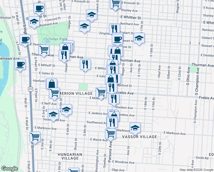 map of restaurants, bars, coffee shops, grocery stores, and more near 429 Hanford Street in Columbus