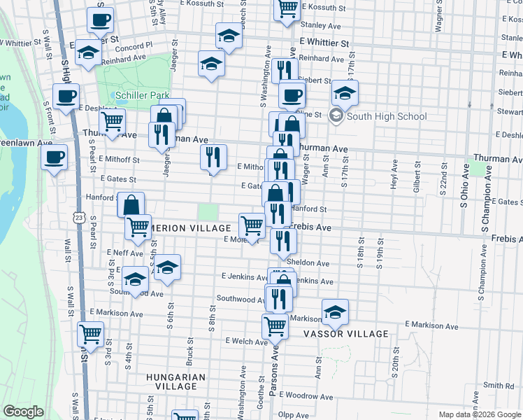 map of restaurants, bars, coffee shops, grocery stores, and more near 429 Hanford Street in Columbus
