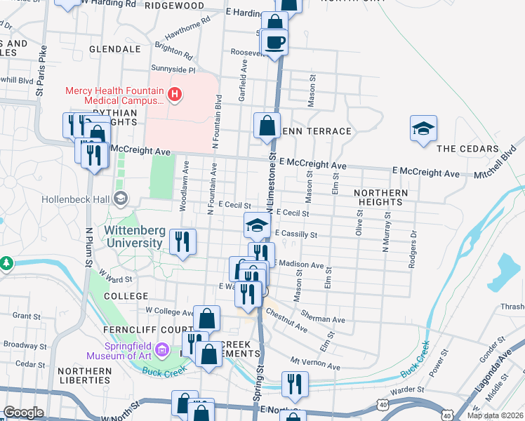 map of restaurants, bars, coffee shops, grocery stores, and more near 133 East Cecil Street in Springfield