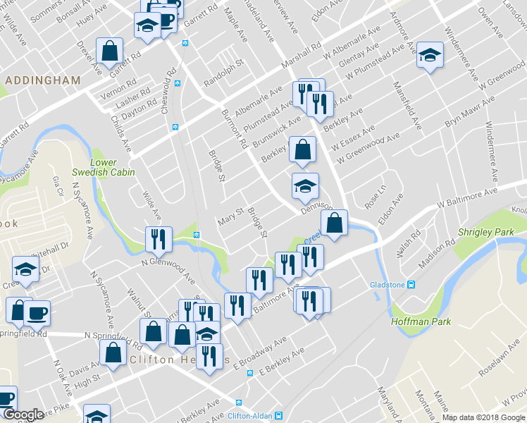 map of restaurants, bars, coffee shops, grocery stores, and more near 3837 James Street in Drexel Hill