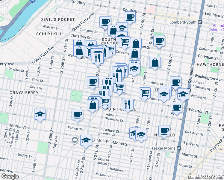 map of restaurants, bars, coffee shops, grocery stores, and more near 2042 Titan Street in Philadelphia