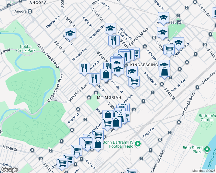map of restaurants, bars, coffee shops, grocery stores, and more near 1916 South 57th Street in Philadelphia