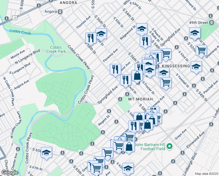 map of restaurants, bars, coffee shops, grocery stores, and more near 5854 Belmar Terrace in Philadelphia
