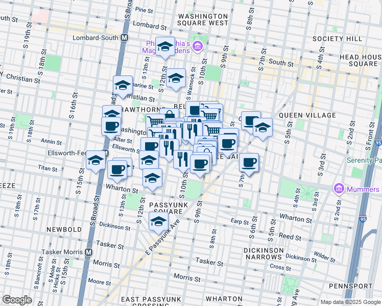 map of restaurants, bars, coffee shops, grocery stores, and more near 1117 South 10th Street in Philadelphia
