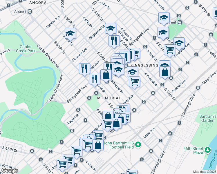 map of restaurants, bars, coffee shops, grocery stores, and more near 1916 South 57th Street in Philadelphia