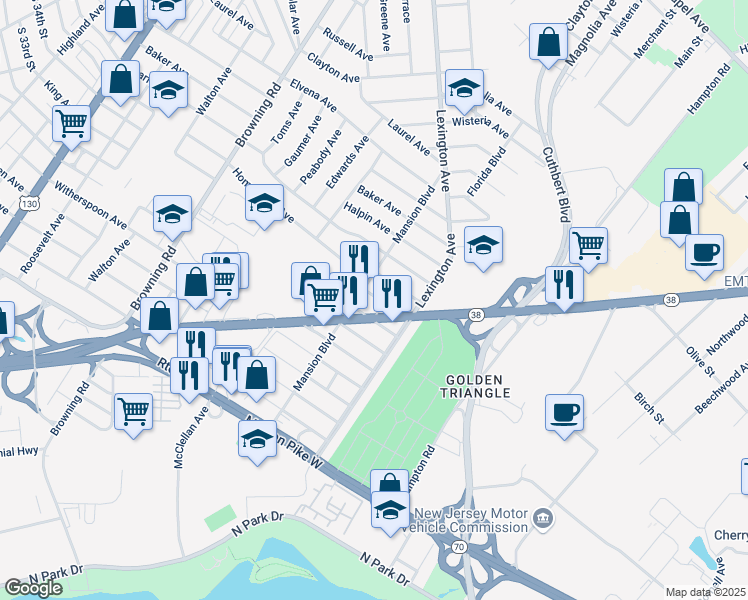 map of restaurants, bars, coffee shops, grocery stores, and more near 6020 Mansion Boulevard in Pennsauken Township