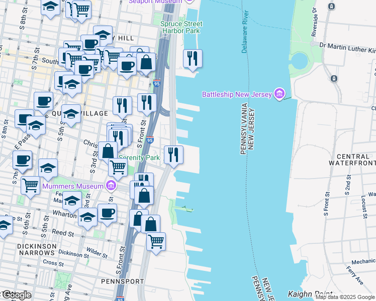 map of restaurants, bars, coffee shops, grocery stores, and more near 841 South Christopher Columbus Boulevard in Philadelphia