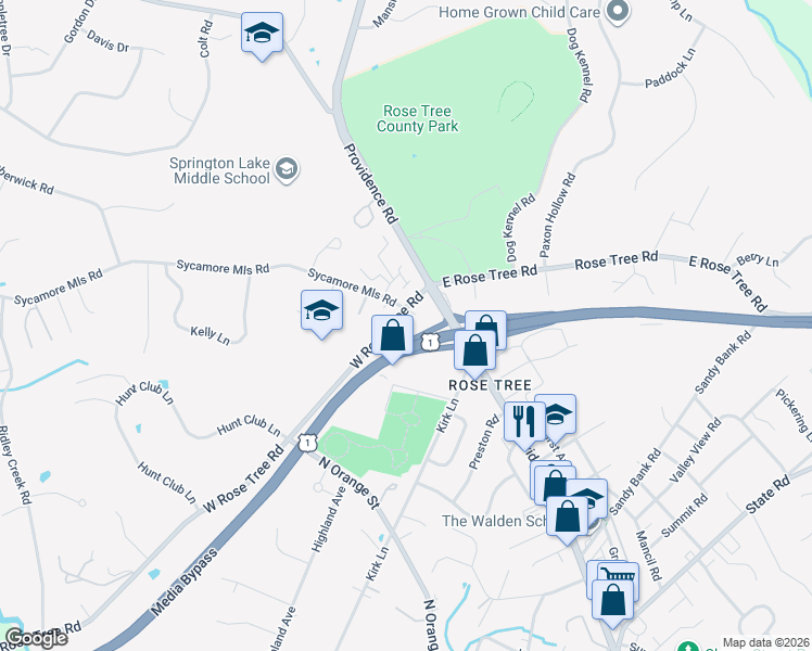 map of restaurants, bars, coffee shops, grocery stores, and more near 102 West Rose Tree Road in Media