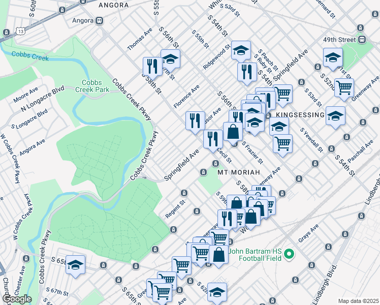 map of restaurants, bars, coffee shops, grocery stores, and more near 5841 Springfield Avenue in Philadelphia