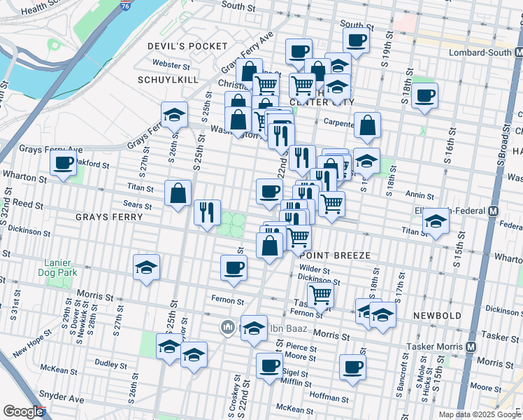 map of restaurants, bars, coffee shops, grocery stores, and more near 2228 Titan Street in Philadelphia