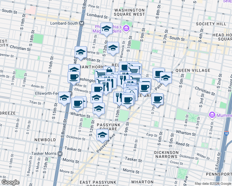map of restaurants, bars, coffee shops, grocery stores, and more near 1139 South Alder Street in Philadelphia