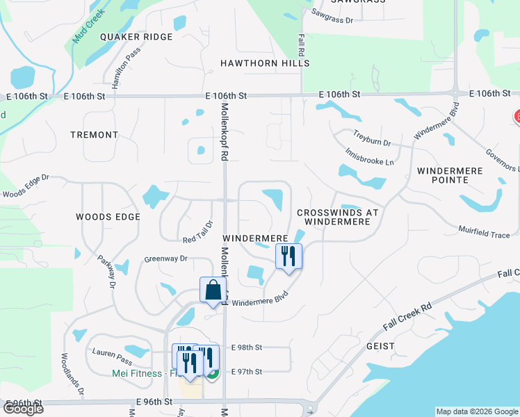 map of restaurants, bars, coffee shops, grocery stores, and more near 10721 Springston Court in Fishers
