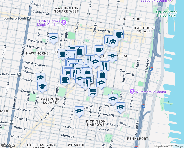 map of restaurants, bars, coffee shops, grocery stores, and more near 625 Kimball Street in Philadelphia