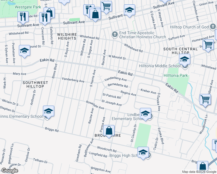 map of restaurants, bars, coffee shops, grocery stores, and more near 2763 Regina Avenue in Columbus