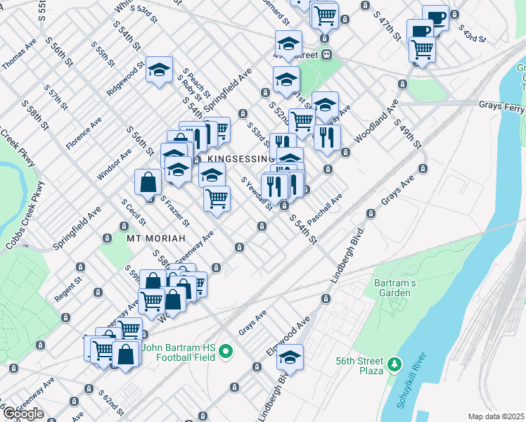 map of restaurants, bars, coffee shops, grocery stores, and more near 1739 South Conestoga Street in Philadelphia