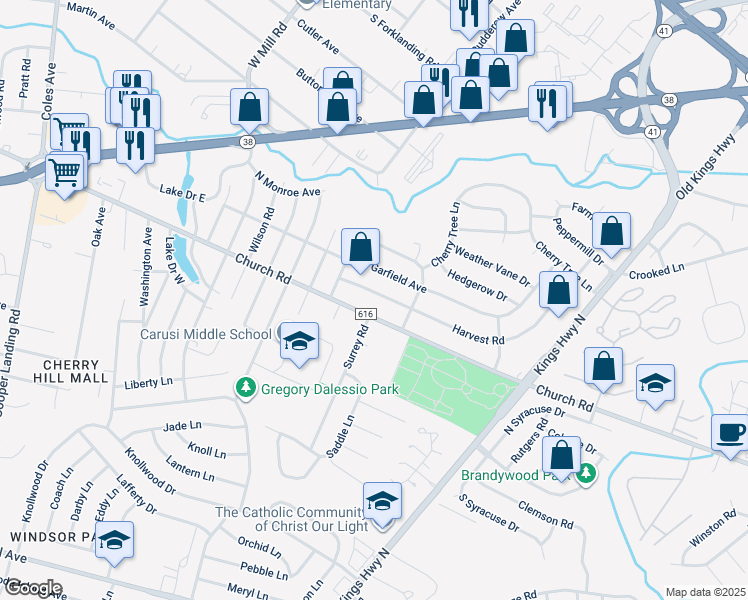 map of restaurants, bars, coffee shops, grocery stores, and more near 211 Harvest Road in Cherry Hill