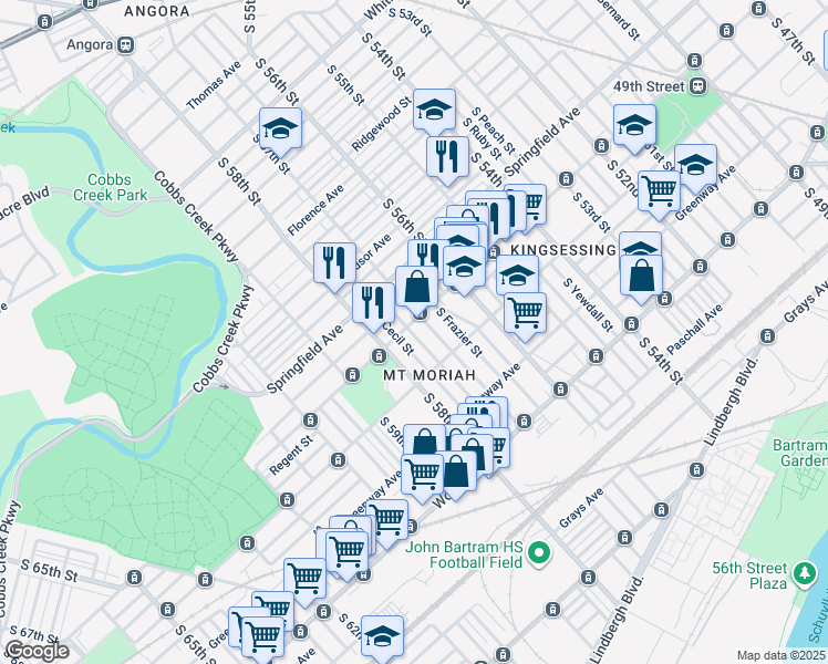 map of restaurants, bars, coffee shops, grocery stores, and more near 5714 Chester Avenue in Philadelphia