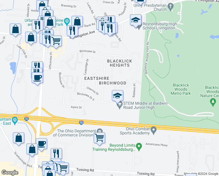 map of restaurants, bars, coffee shops, grocery stores, and more near 2251 Hughey Square Drive in Reynoldsburg