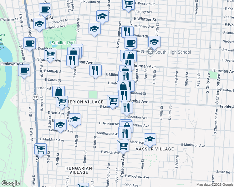 map of restaurants, bars, coffee shops, grocery stores, and more near 429 Hanford Street in Columbus