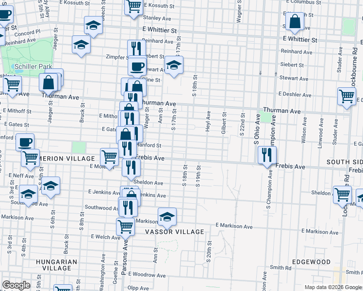 map of restaurants, bars, coffee shops, grocery stores, and more near 608 Hanford Street in Columbus