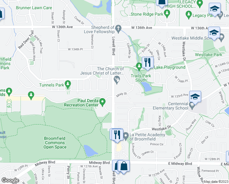map of restaurants, bars, coffee shops, grocery stores, and more near 13230 Lowell Boulevard in Broomfield