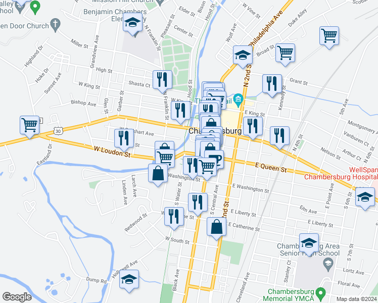 map of restaurants, bars, coffee shops, grocery stores, and more near 75 West Queen Street in Chambersburg