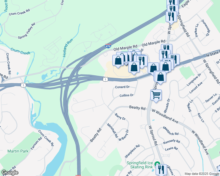 map of restaurants, bars, coffee shops, grocery stores, and more near 464 Conard Drive in Springfield