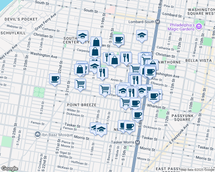 map of restaurants, bars, coffee shops, grocery stores, and more near 1708 Manton Street in Philadelphia