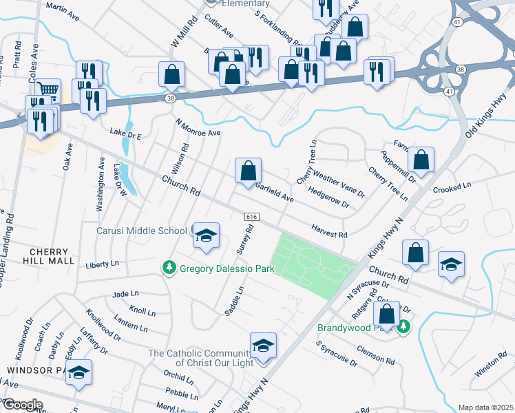 map of restaurants, bars, coffee shops, grocery stores, and more near 211 Harvest Road in Cherry Hill
