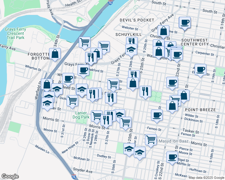 map of restaurants, bars, coffee shops, grocery stores, and more near 2711 Earp Street in Philadelphia