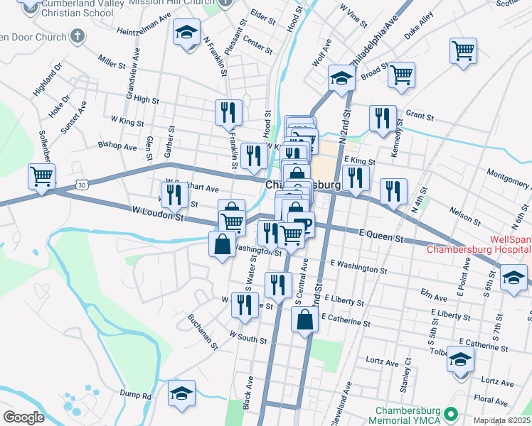 map of restaurants, bars, coffee shops, grocery stores, and more near 75 West Queen Street in Chambersburg
