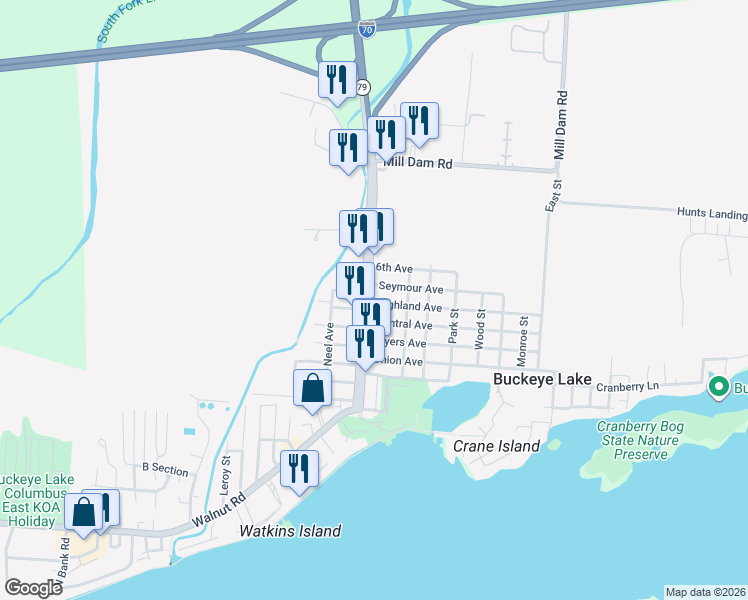 map of restaurants, bars, coffee shops, grocery stores, and more near 42 Highland Avenue in Buckeye Lake