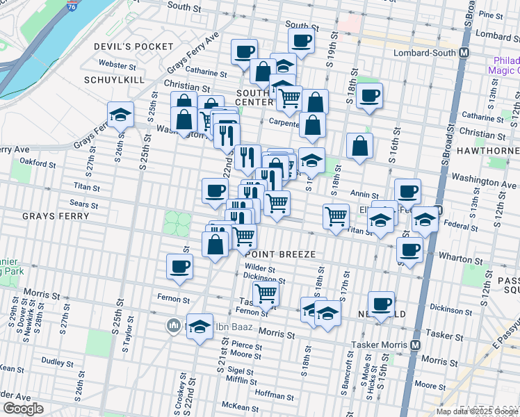 map of restaurants, bars, coffee shops, grocery stores, and more near 1236 Point Breeze Avenue in Philadelphia