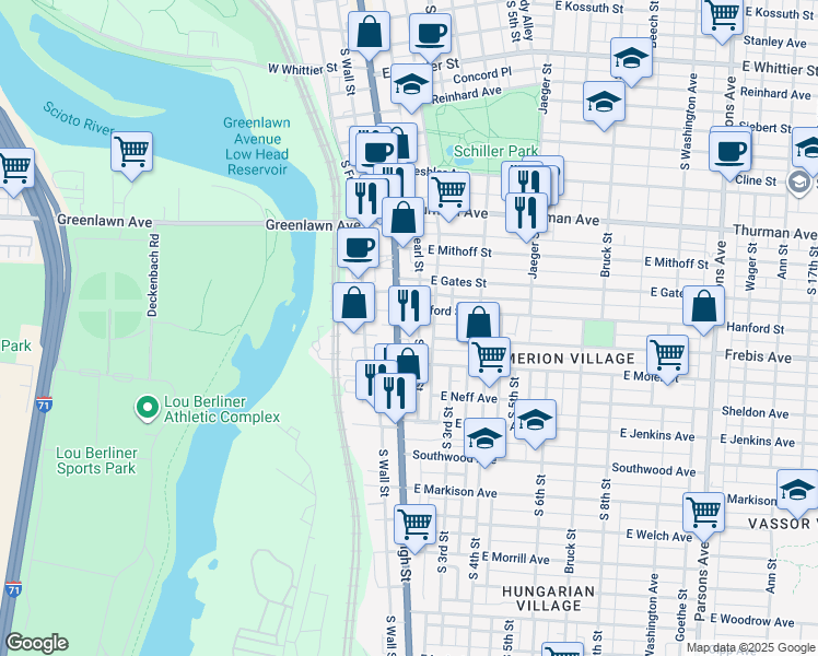 map of restaurants, bars, coffee shops, grocery stores, and more near 1287 City Park Avenue in Columbus