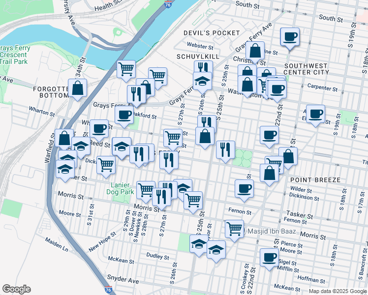 map of restaurants, bars, coffee shops, grocery stores, and more near in Philadelphia