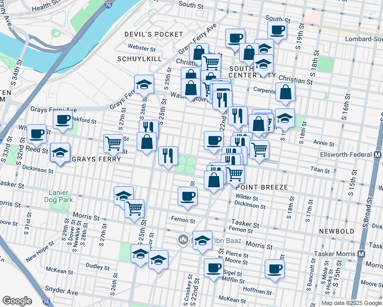 map of restaurants, bars, coffee shops, grocery stores, and more near 2313 Wharton Street in Philadelphia
