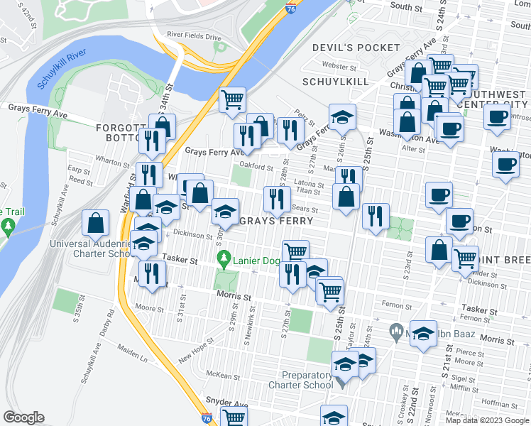 map of restaurants, bars, coffee shops, grocery stores, and more near 1342 South Newkirk Street in Philadelphia