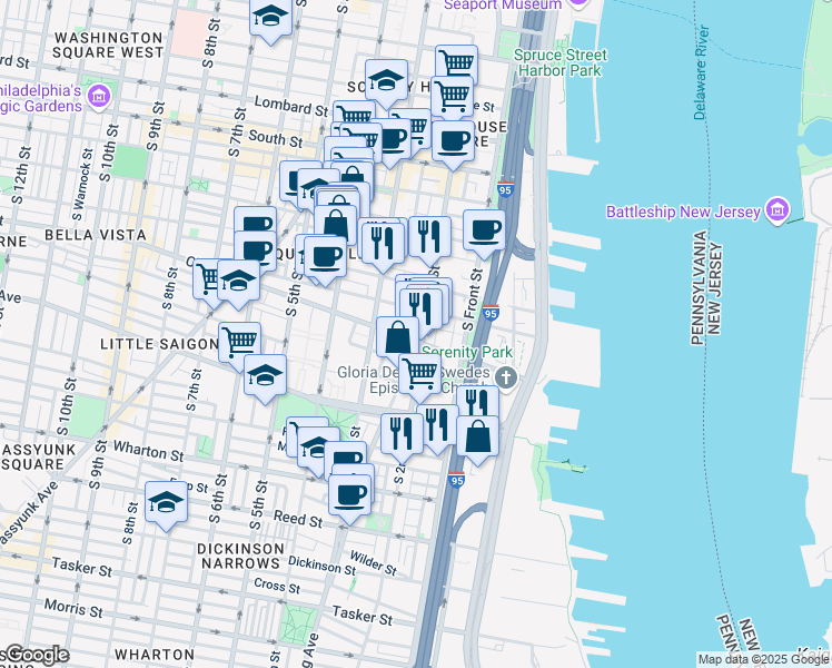 map of restaurants, bars, coffee shops, grocery stores, and more near 850 South 2nd Street in Philadelphia