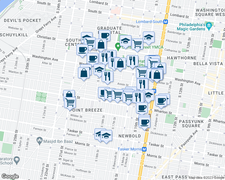 map of restaurants, bars, coffee shops, grocery stores, and more near 1727 Manton Street in Philadelphia