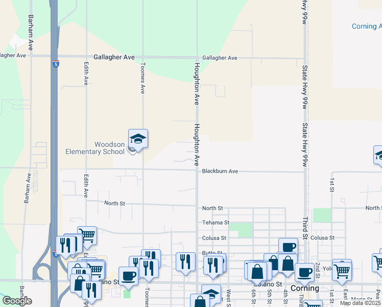 map of restaurants, bars, coffee shops, grocery stores, and more near 4779 Houghton Avenue in Corning