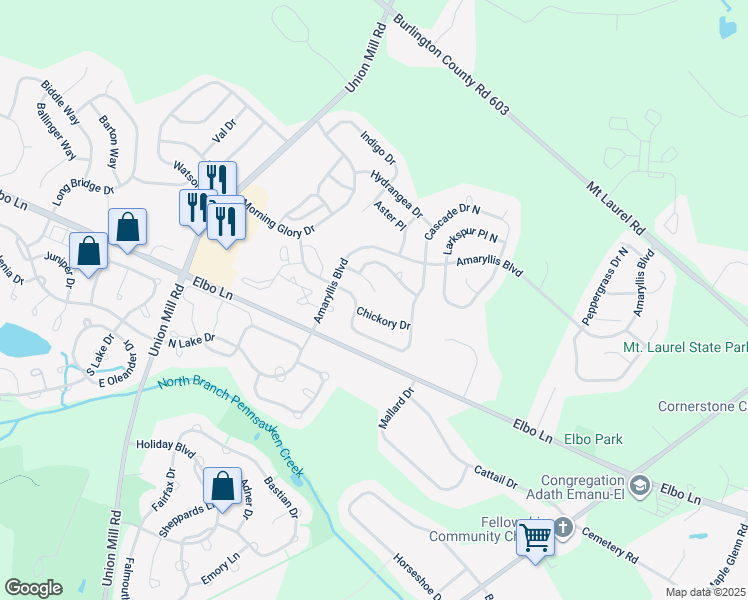 map of restaurants, bars, coffee shops, grocery stores, and more near 418 Elderberry Court in Mount Laurel