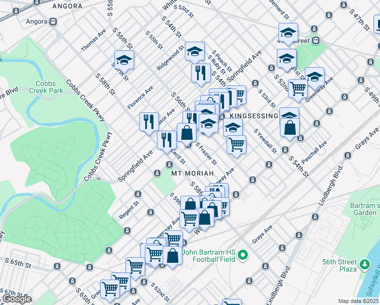 map of restaurants, bars, coffee shops, grocery stores, and more near 1912 South 57th Street in Philadelphia
