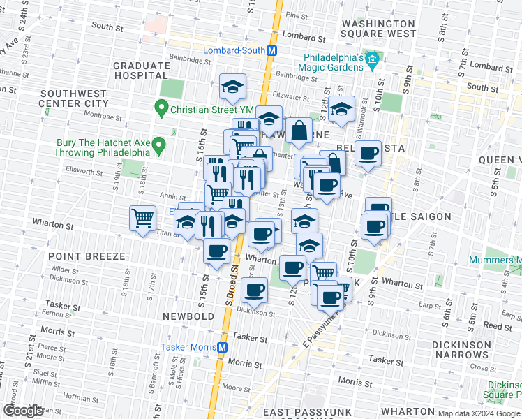 map of restaurants, bars, coffee shops, grocery stores, and more near 1345 Annin Street in Philadelphia