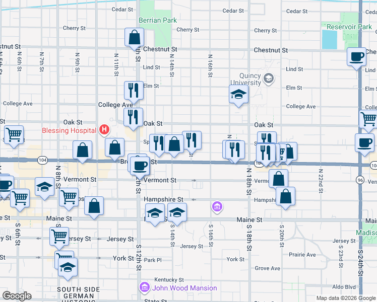 map of restaurants, bars, coffee shops, grocery stores, and more near 415 North 15th Street in Quincy