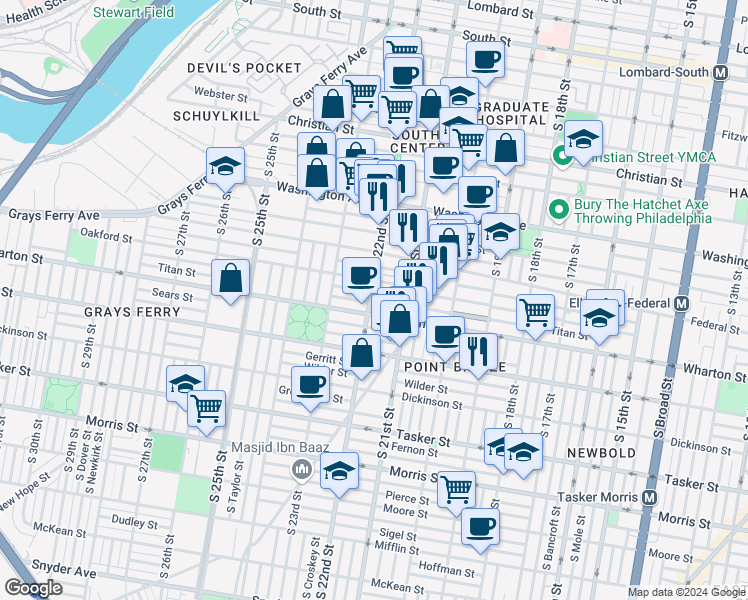map of restaurants, bars, coffee shops, grocery stores, and more near 1253 South 22nd Street in Philadelphia